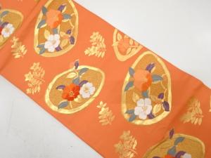 椿に菊模様織り出し　名古屋帯